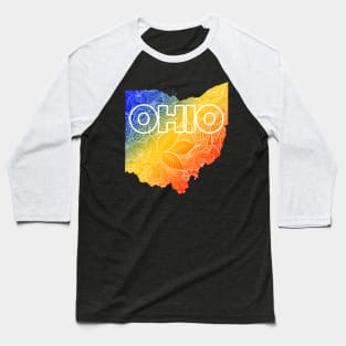 Colorful mandala art map of Ohio with text in blue, yellow, and red Baseball T-Shirt